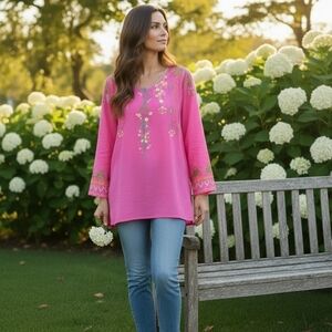 Johnny Was Pink Floral Embroidered Tunic